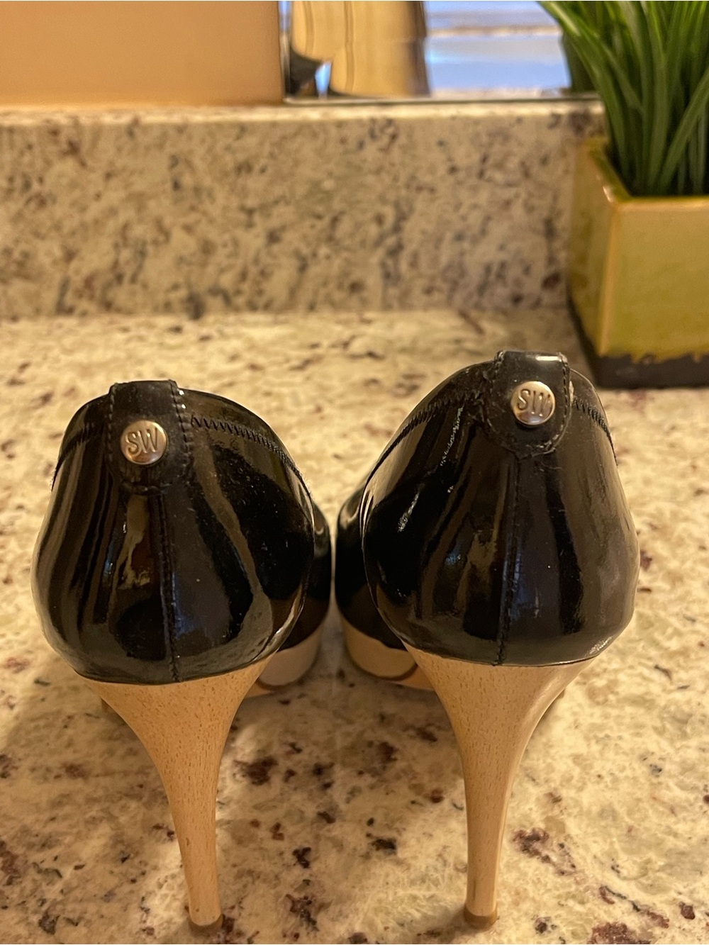 Stuart Weitzman Black Patent Peep-Toe Pumps with Tan Platform - Picture 4 of 8